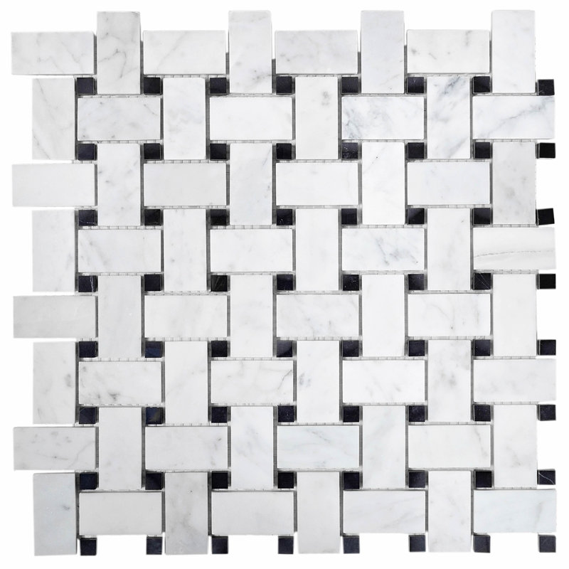 Heritage 1 in. x 2 in. Basketweave Polished Marble Tile, White Black