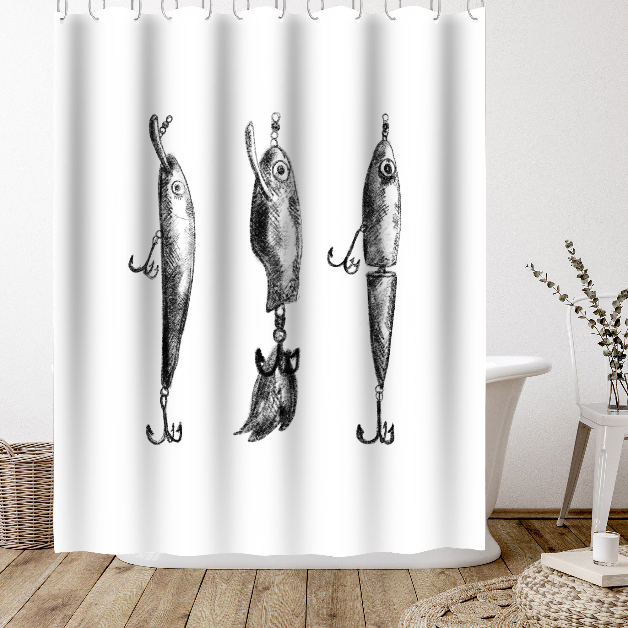 East Urban Home Coastal Shower Curtain Lure Fishing Illustration by