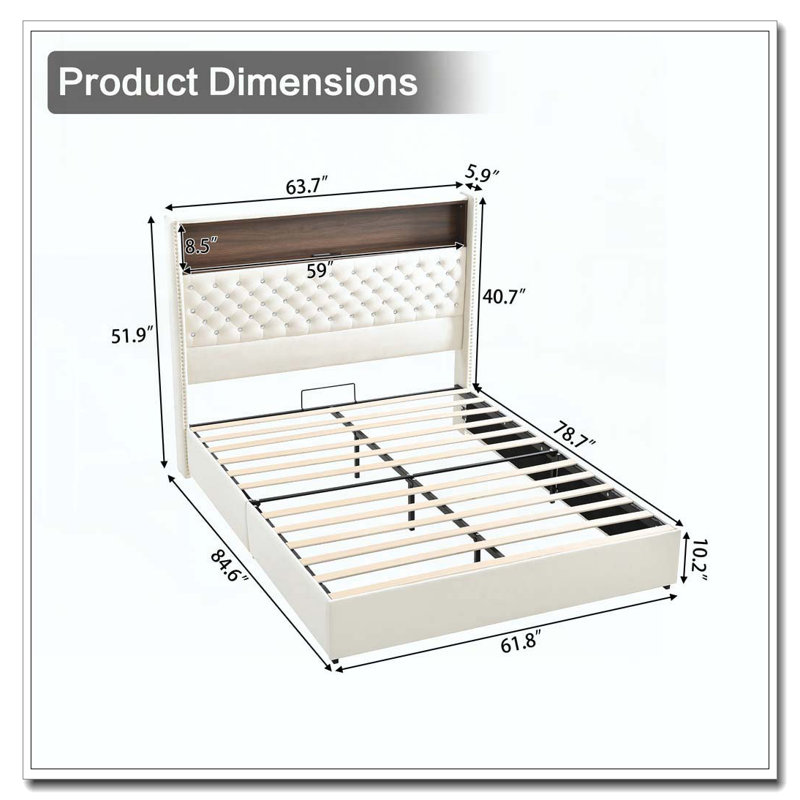 Cadre de lit doux en velours capitonné avec port USB et veilleuse, tête de lit haute 52 po avec rivets, Grand lit, Beige