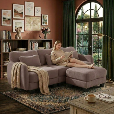 L-Shaped Sectional Sofa with Ottoman, Modern Chenille Recliner Loveseat, Removable Couch, Pocket Spring Cushions, Solid Wood Frame, Easy to Install