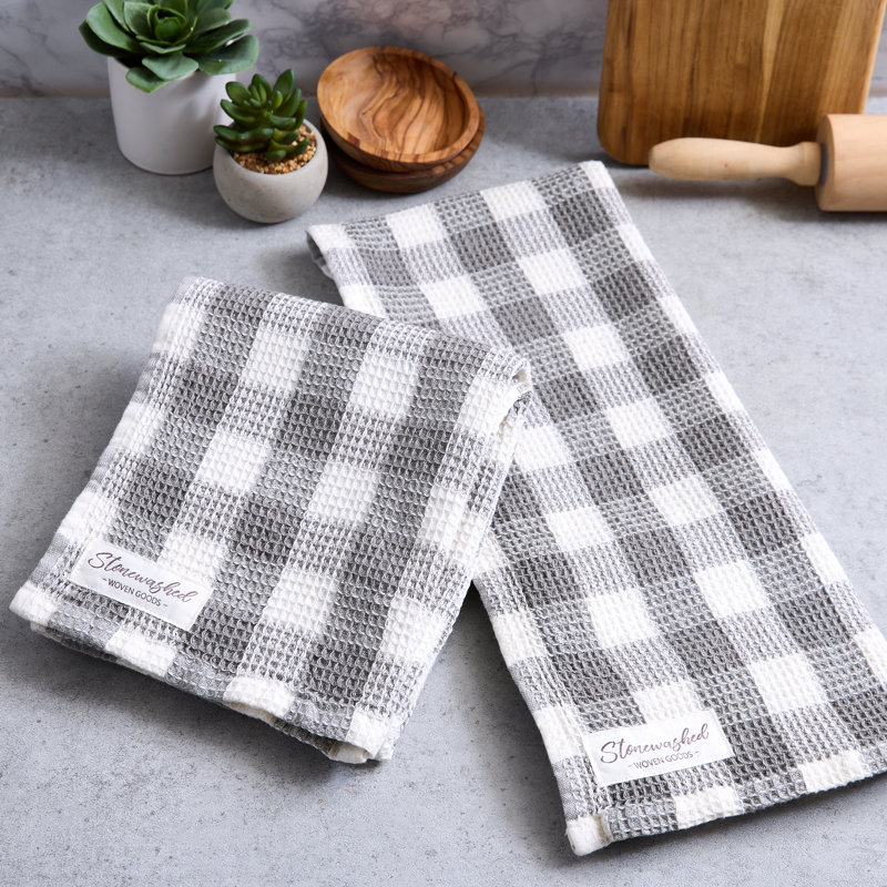  Ensemble de 2 serviettes de toilette gaufrées délavées, damier olive, Gris
