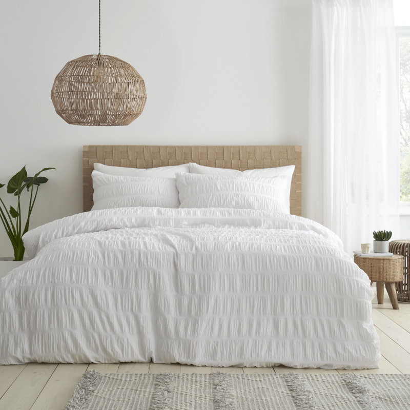Seersucker Duvet Cover Set with Pillowcases, White, Double Duvet Cover + 2 Standard Pillowcases