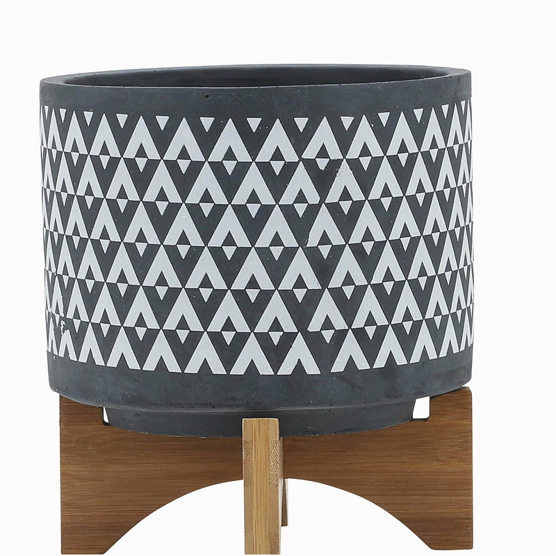 Ceramic 8" Aztec Planter on Wooden Stand, Gray, 9" H x 8" W x 8" D