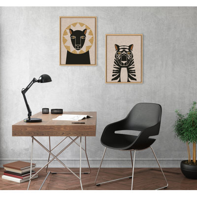 HB Lion Profile Neutral Linen Modern Jungle Animal Portrait Framed On Canvas 2 Pieces by Hannah Beisang Print