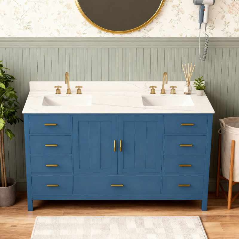 Meuble-lavabo 60 po en bois massif avec 2 lavabos, comptoir en quartz 61 po avec 6 trous de robinet pré-percés, 2 portes doubles à fermeture douce, 7 tiroirs et 2 petits compartiments de rangement rabattables