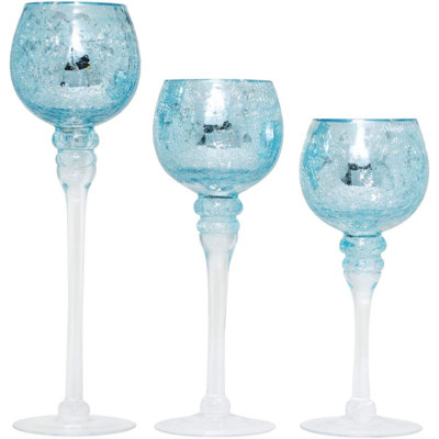 Ensemble de 3 bougeoirs en verre bleu craquelé - 12 po, 10 po, 9 po, idéal pour les mariages, les événements spéciaux, les fêtes et les cadeaux