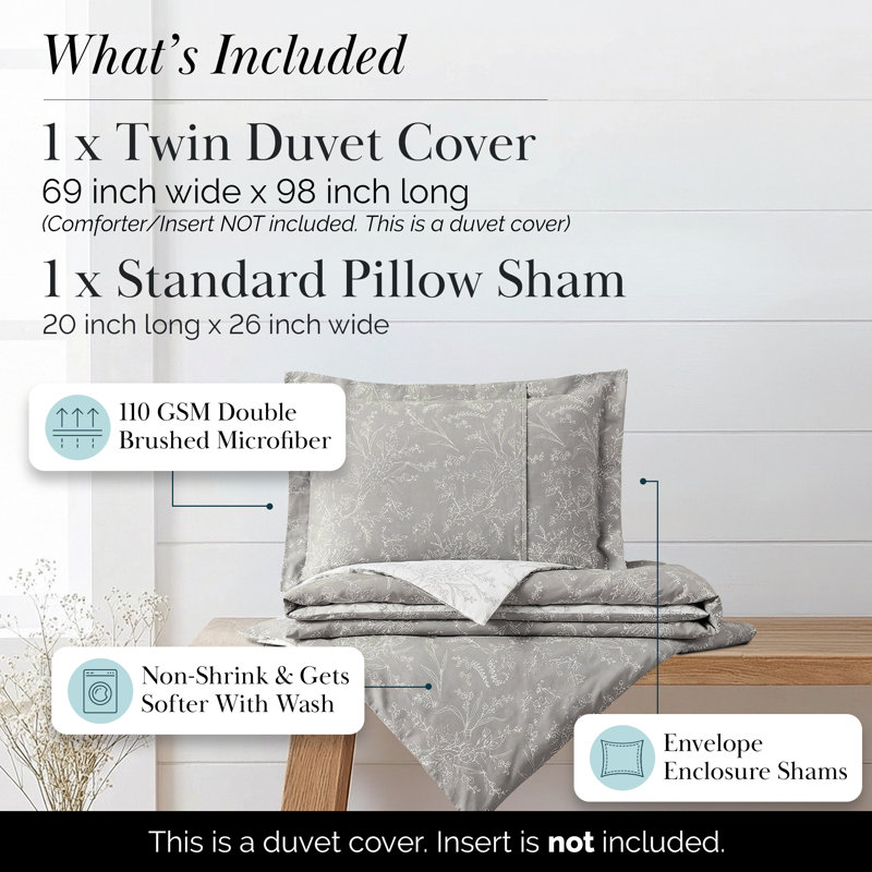 Winter Brush Microfiber Reversible Traditional Duvet Cover Set, Twin/Twin XL Duvet Cover + 1 Sham, Steel Gray