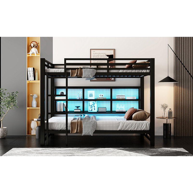Grand lit superposé en métal noir, 6 armoires de rangement, pour lit de nuit