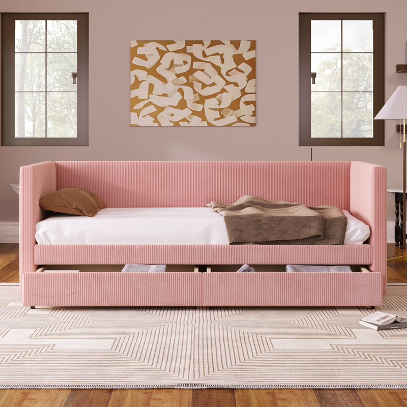 Twin Daybed In Pink Corduroy With Two Drawers, Frame, Soft Foam Padding, Convenient Storage Space Size And Wood Slat Framework, Enlarged Area, No Box Spring