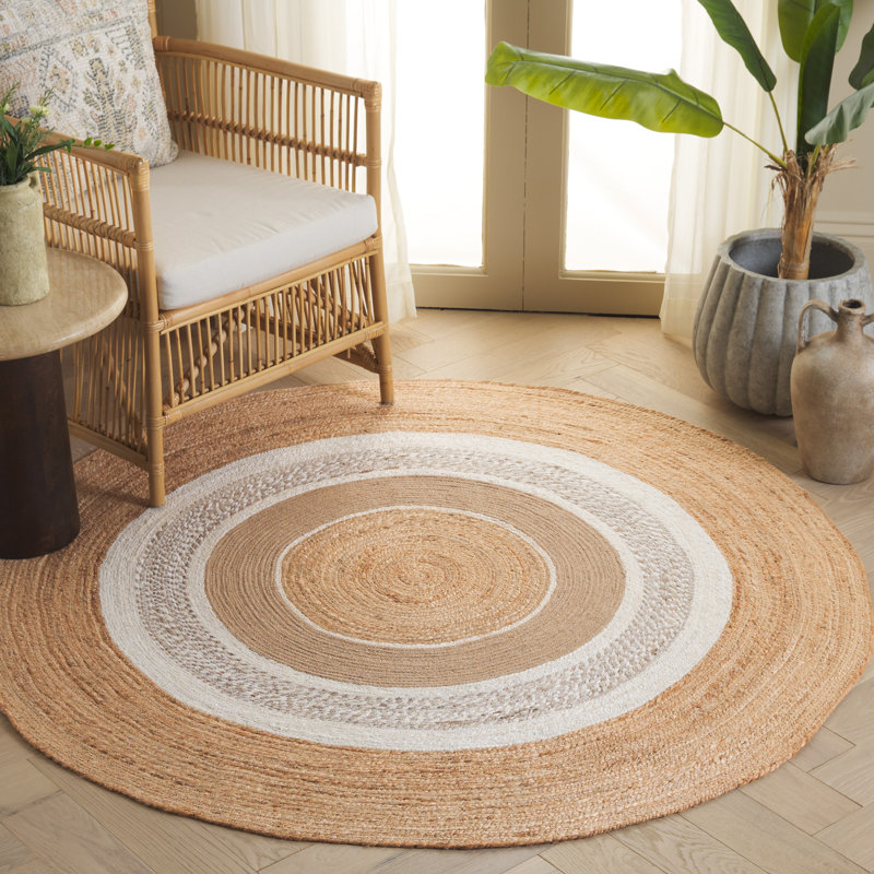 Natural Fiber Handwoven Jute Geometric Rug, Round 5'
