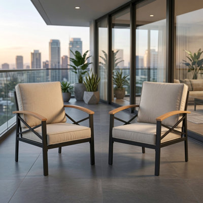 Ensemble de 2 fauteuils de patio extérieurs en métal Havey-Duty, ensemble 2 pièces toutes saisons, fauteuil simple avec coussins beiges épais lavables et structure noire