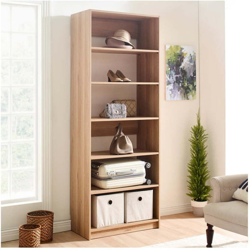  32 Inch Oak Wood Walk in Closet with Five Shelves for Closet Room Storage, Oak Wood