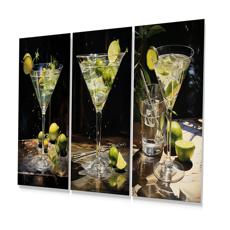 «Dirty Martini Mirage Cocktail», ensemble de 3 impressions murales sur métal, H 28 po x l 36 po