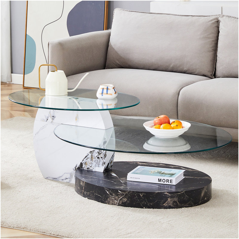 Table basse contemporaine à double couche artistique - marbre blanc et marbre noir, plusieurs couleurs disponibles. Autocollant de panneau de densité, verre renforcé,