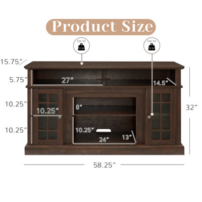58" Fireplace TV Stand with Glass Door, Traditional American Country TV Stand with 23" Electric Heater, Large Home Entertainment Console Table for TV Up to 65'' for Living Room