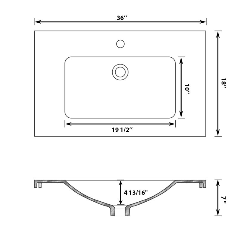 36"x18" Vanity Top Ceramic Bathroom Sink Porcelain Rectangle Single Basin Sink with Single Faucet Hole and Overflow Hole