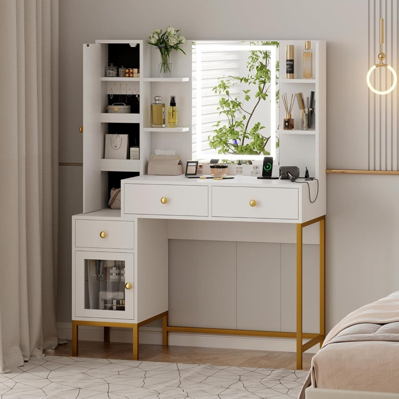 Coiffeuse et tabouret de maquillage, bureau de coiffeuse avec lumières en 3 couleurs, coiffeuse avec station de charge, armoire visible avec lumières DEL