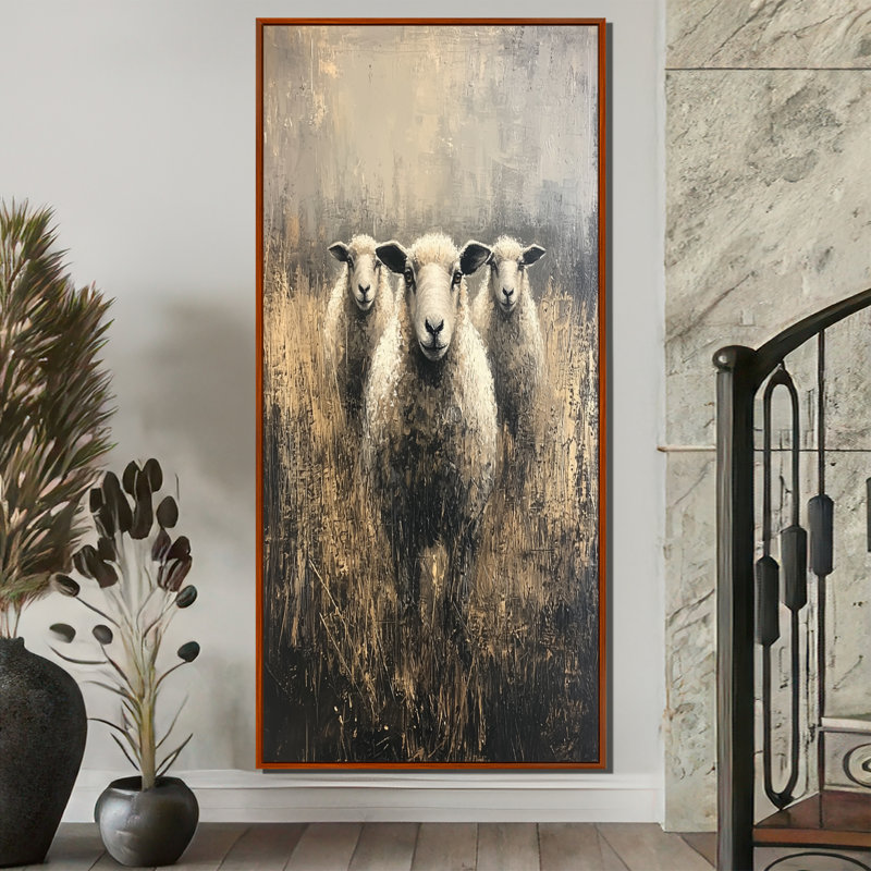 Dontay Minimalisme moutons Woolly Wanderers II - moutons, art mural, H 60 po x l 28 po, Brun, Impression encadrée flottante