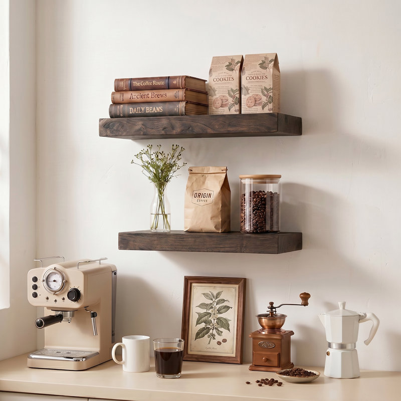 Desseray Set of 2 Reclaimed Elm Floating Shelves, Walnut, 1.5" H x 30" W x 8" D