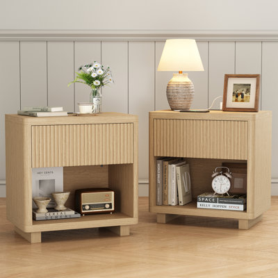 Adkins 24'' W Nightstand with Drawer Open Shelf and Built-In Outlets Stylish Bedside Table with Charging Station Wooden Nightstand Set of 2 Natural Wood