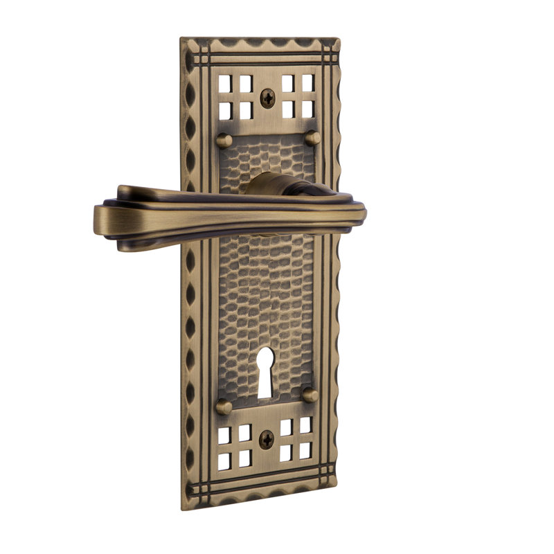 Craftsman Plate Single Dummy with Decorative Keyhole and Fleur Lever, Antique Brass, Right Handed