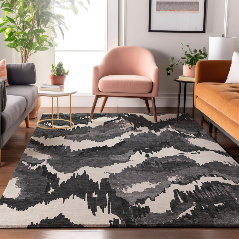 Premium Machine Washable Prisco Black Rug, Rectangle 8' x 10'