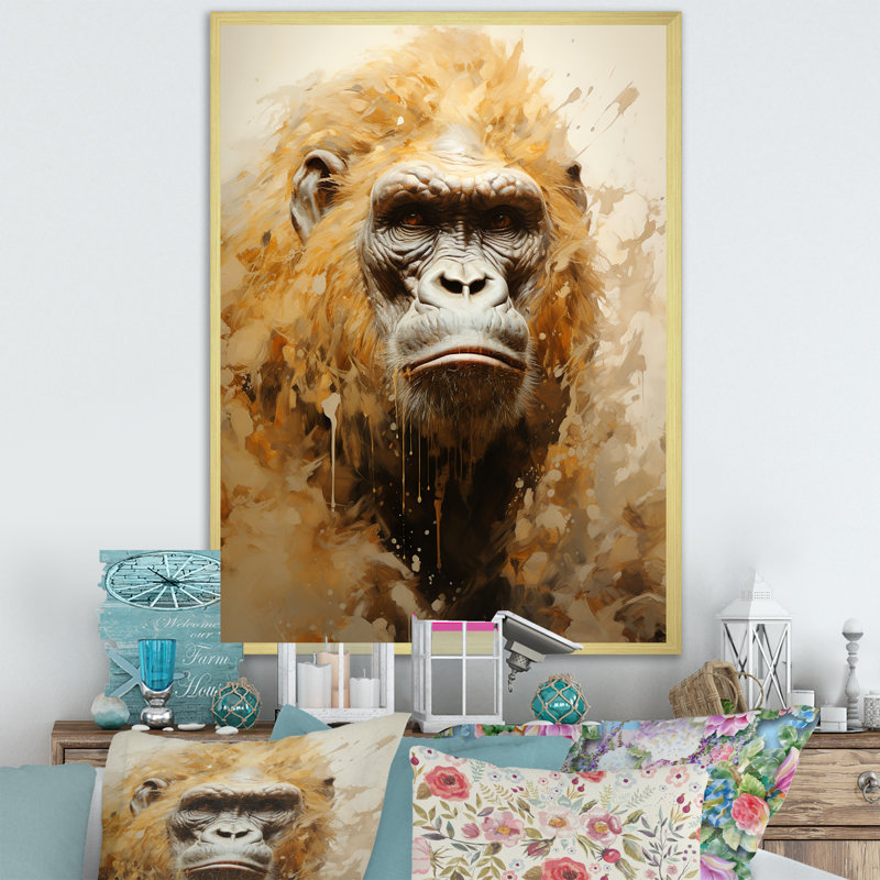 Portrait de gorille beige I sur toile, Cadre doré simple, H 44 po x l 34 po x P 1,5 po