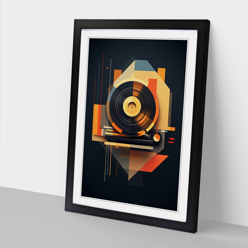 XYZ-FRM-V1223-1666 Vinyl Record Player Geometric - Single Picture Frame Print on Wood, 46cm H x 34cm W x 2cm D, Black