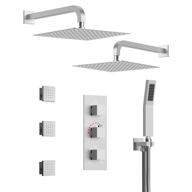 Wall‑Mounted Dual 12" Thermostatic Rain Shower System with Handheld Shower and Body Jets, Brushed Nickel