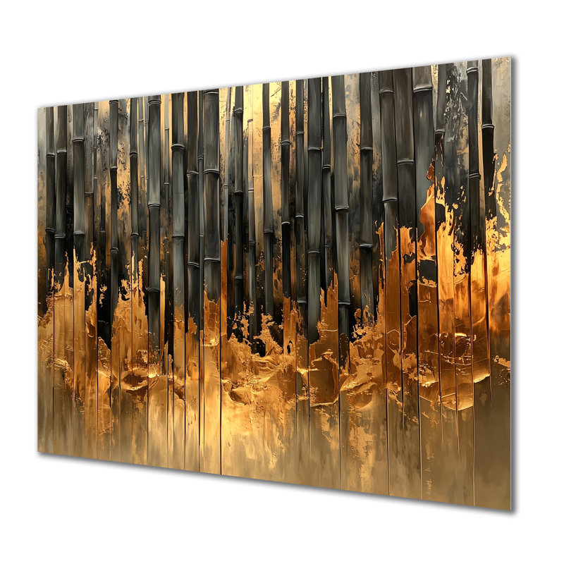 «Golden Arashiyama Bamboo River I», impression murale sur métal en bambou, H 24 po x l 32 po