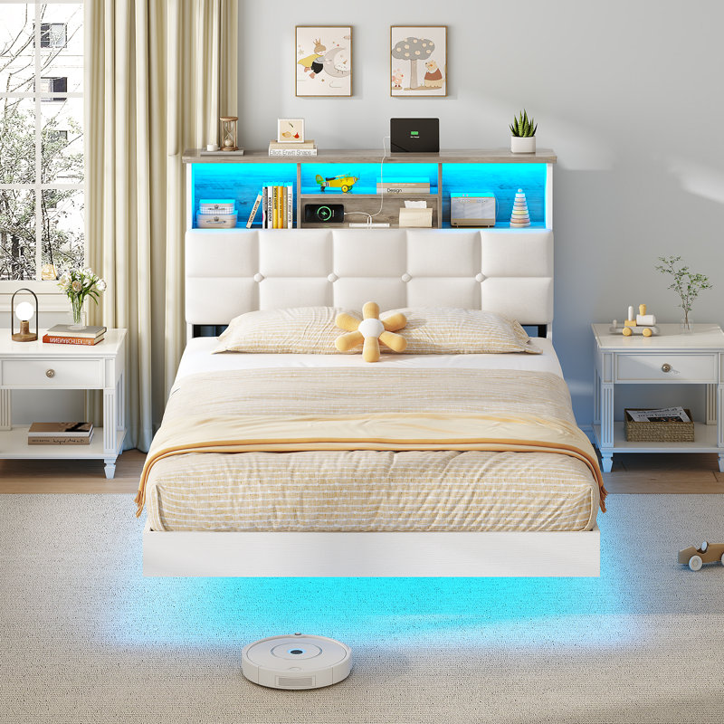 Cadre de lit flottant avec éclairage DEL et rangement dissimulé, lit plateforme rembourré avec tête de lit, station de chargement USB/Type-C, sommier non requis