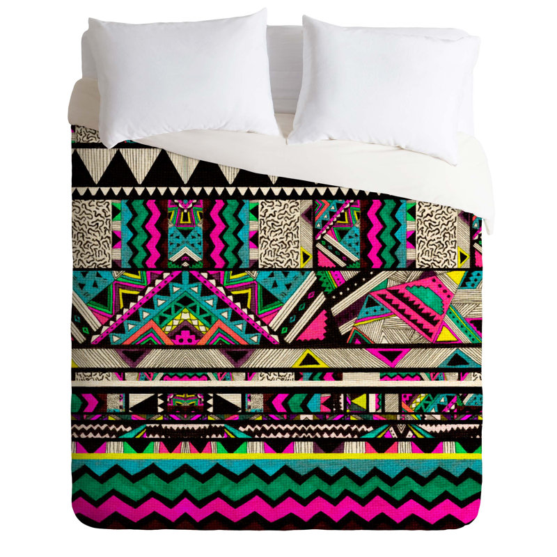 Housse de couette, Noir / orange / vert géométrique, Housse de couette pour grand lit et 2 taies décor
