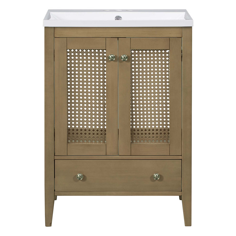 Meuble-lavabo 24 po avec lavabo en céramique, armoire de rangement en rotin avec deux portes et tiroir, structure solide, naturel