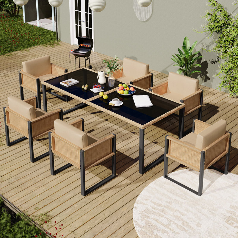 6 - Person Patio Dining Set Rectangular Table, Brown, Black