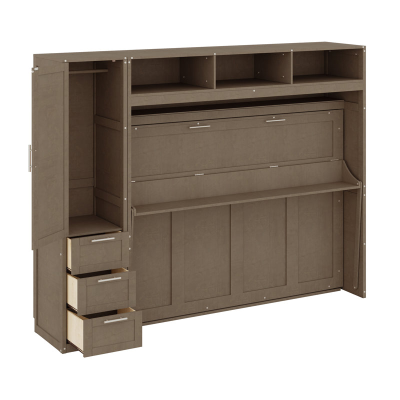 Lit escamotable avec garde-robe, tiroirs et tablettes ouvertes Murphy