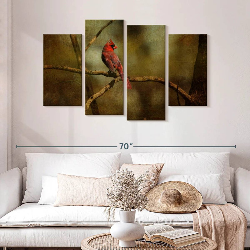 Cardinal sur une branche, H 32 po x l 52 po