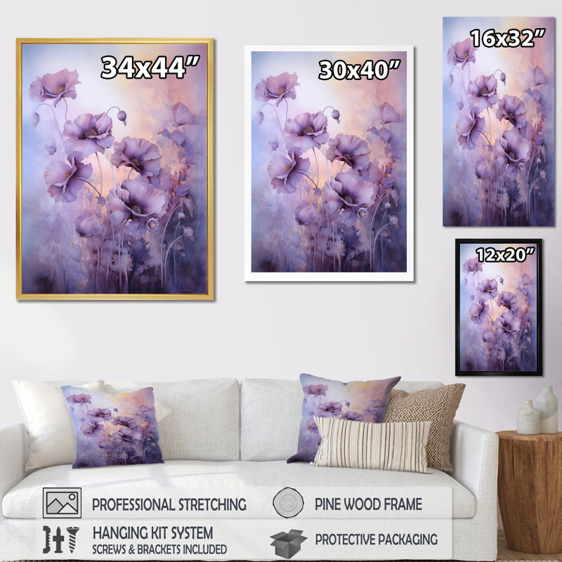 «Violet Veil Delicate Poppies Moment I», reproduction sur toile, H 44 po x l 34 po x P 1,5 po, Cadre photo noir