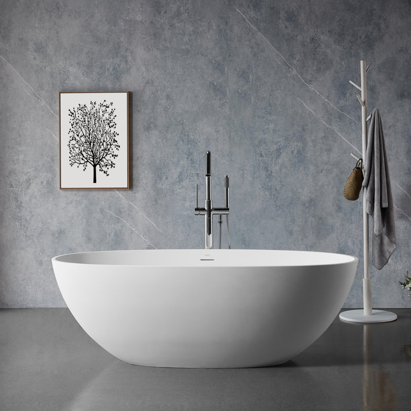 Biocura 65" X 30" Freestanding Soaking Oval Artificial Stone Surface Bathtub, White