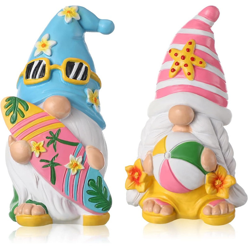 Ensemble de 2 figurines de gnome de plage d'été - Mini gnomes en résine pour la cuisine, la ferme, le bureau et la maison