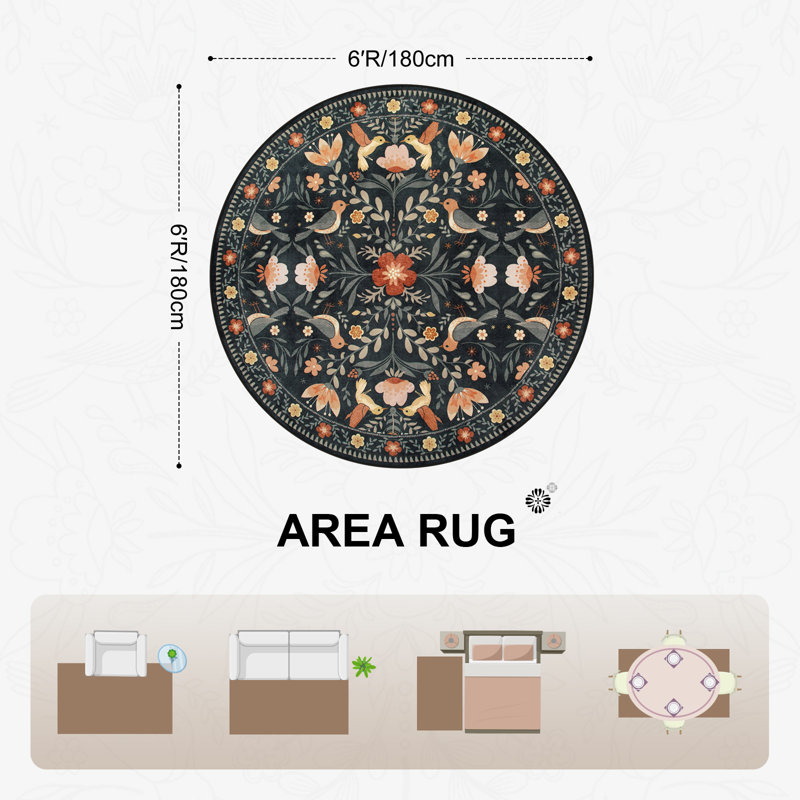 Goldene Boho Bird Area Rug Washable Rugs for Living Room, Large Floral Bedroom Carpet Low-Pile, Round 6'