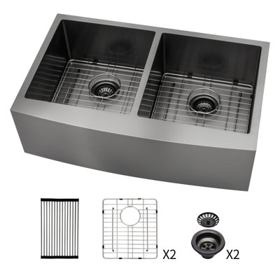 Évier de cuisine à double cuve en acier inoxydable à double cuve (50/50) - 36 po x 21 po x 10 po à tablier frontal en acier inoxydable avec cuve profonde de 10 po