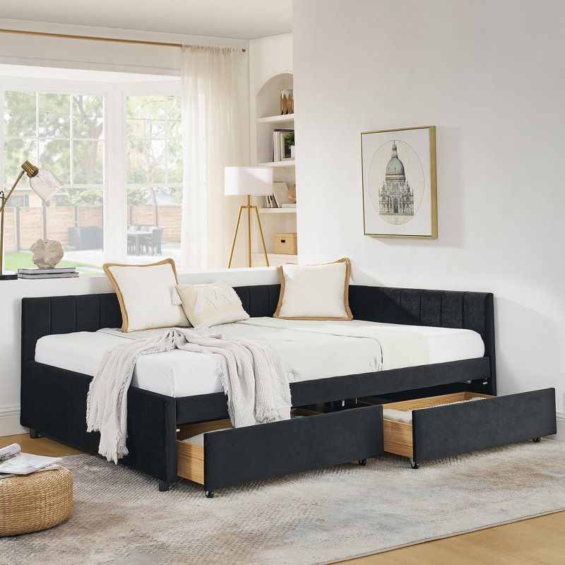 Upholstered Tufted Bed With Two Drawers,Comfortable Backrest And Armrests, Black