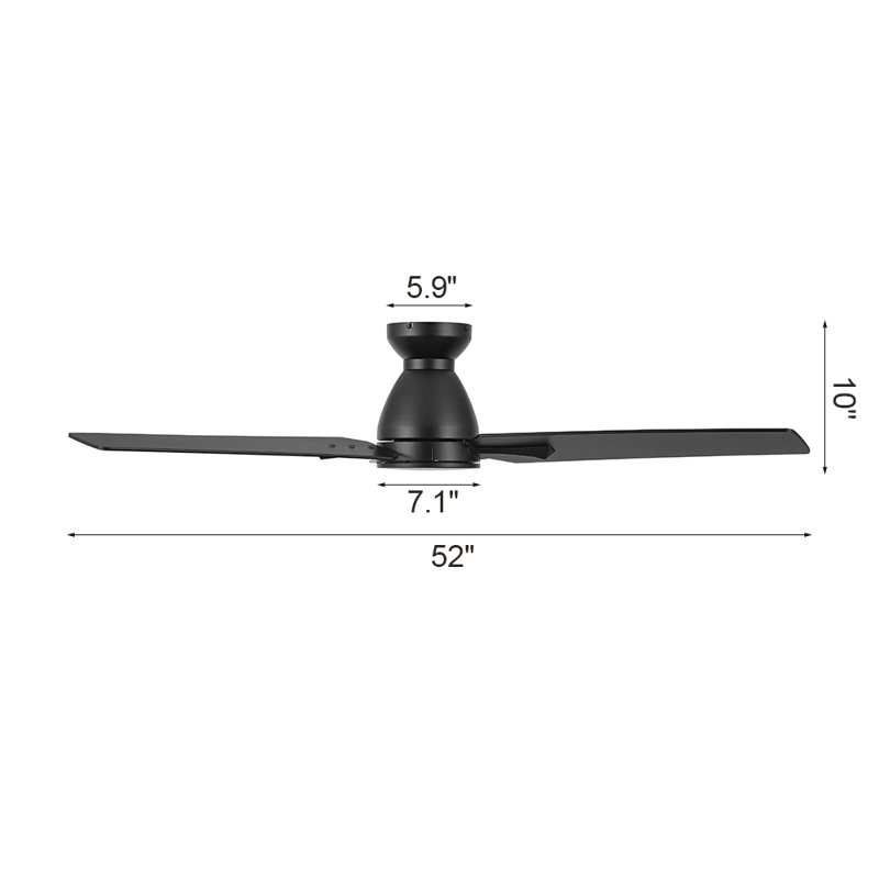 3 Blades Indoor Flush Mount Ceiling Fan With Light Kit, Black, 52"