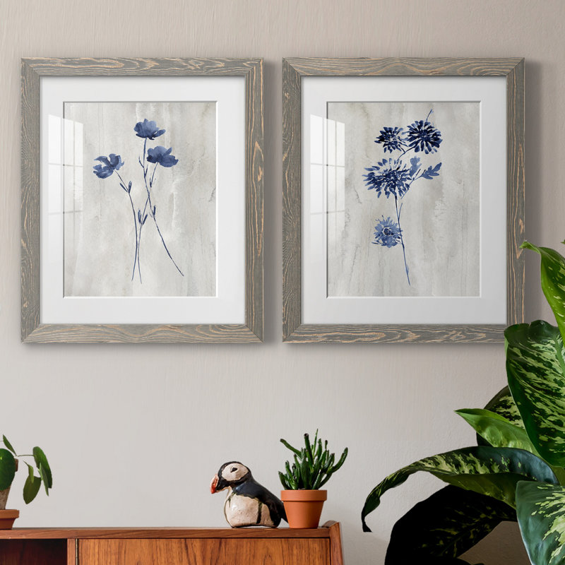 Indigo Botanical III - ensemble de 2 reproductions d'impressions, Blanc, H 20 po x l 17 po x P 1 po, Cadre en papier gris