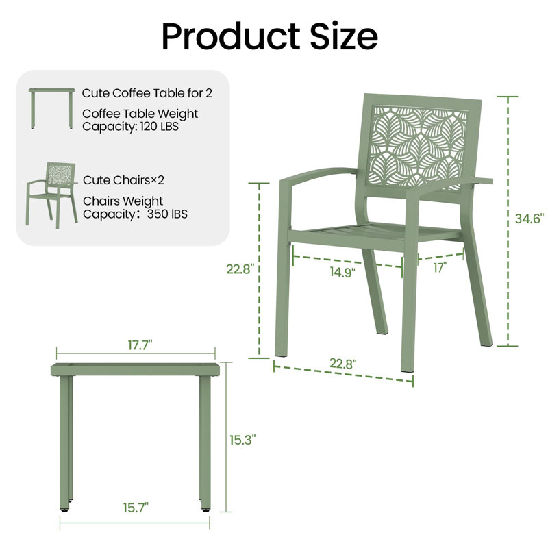 3 Piece Patio Bistro Set, Outdoor Steel Furniture Set, Stackable Modern Conversation Sets For Balcony Garden Deck Patio W/2 Chairs 1 Table, Sauge Green