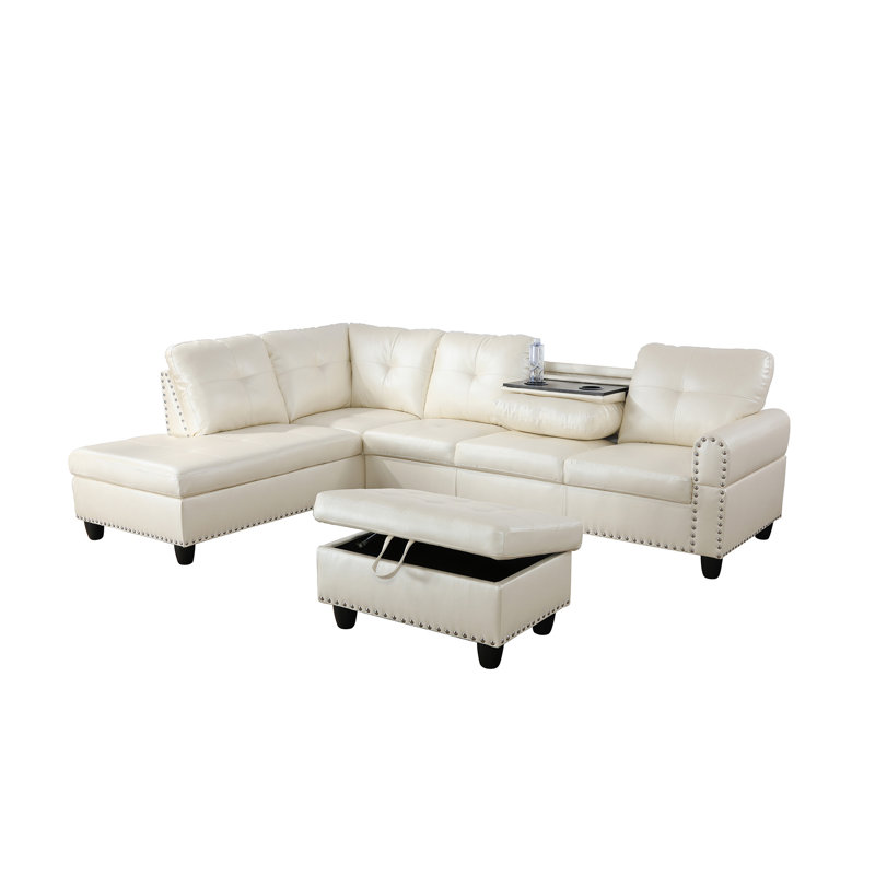 Canapé modulaire avec repose-pieds Plyler, Orienté à gauche (vu de face), Simili cuir blanc