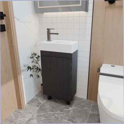 16-Inch Freestanding Bathroom Vanity with Undermount Ceramic Sink, Soft-Close Doors & Storage Cabinet for Small Spaces