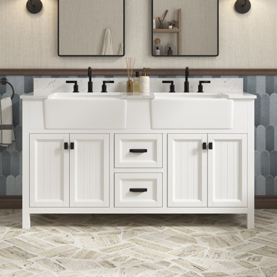Meuble-lavabo autoportant à double cuve 60 po avec comptoir en pierre artificielle Chavone