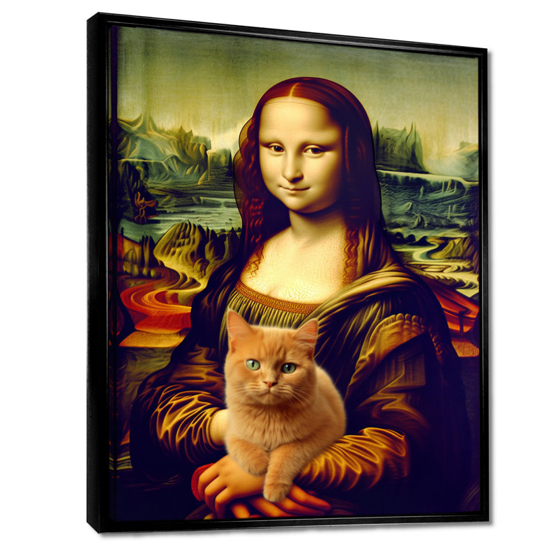 Mona Lisa avec chat brun - chat, art mural, salon, H 20 po x l 12 po x P 1 po, Toile avec cadre noir