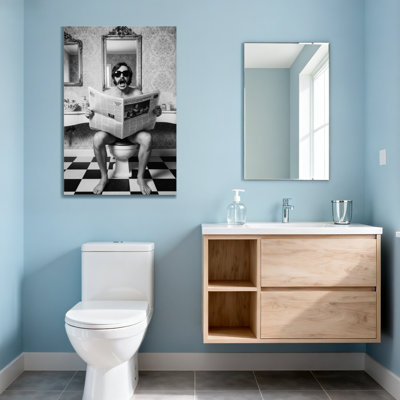 Abstract Man Reading Newspaper On Toilet In Bathroom
